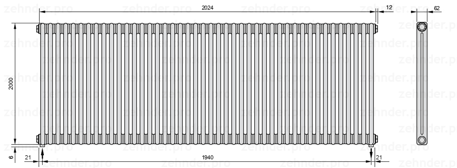 Схема (чертеж) Радиатор Zehnder Charleston 2200/44 №3570 Белый глянцевый RAL 9016